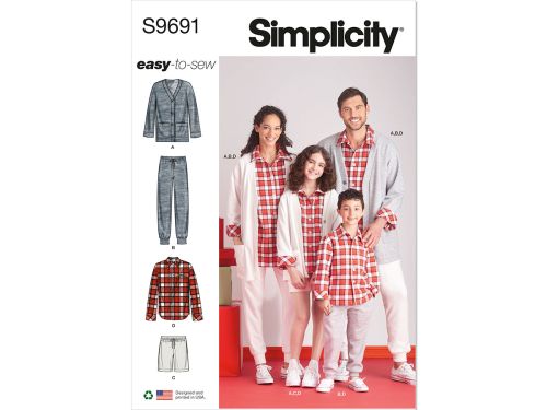 Great value *Seconds* Simplicity Pattern S9691 GIRLS', BOYS' AND ADULTS' LOUNGE SHIRT, CARDIGAN,- Size BB (XS-S-M-L-XL) available to order online New Zealand