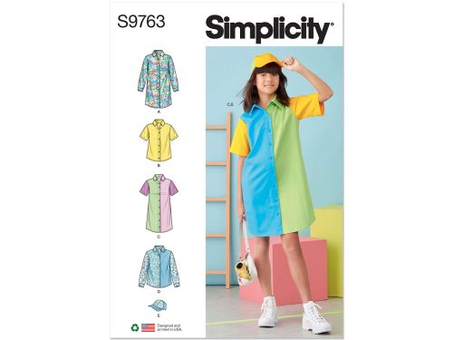 Great value *Seconds* Simplicity Pattern S9763 Girls' Shirtdresses, Shirts and Hat- Size A (7-8-10-12-14) available to order online New Zealand