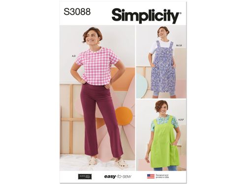 Great value *Seconds* Simplicity Pattern S3088 MISSES' TOPS, PANTS AND APRON DRESSES- Size A (XS-S-M-L-XL-XXL) available to order online New Zealand