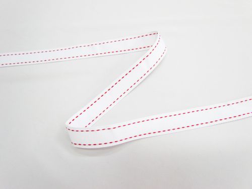 Great value 15mm Stitch Grosgrain Ribbon- White / Red #T1027 available to order online New Zealand