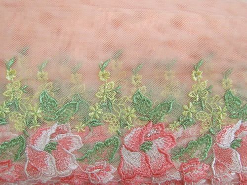 Great value 17cm Butterfly Garden Embroidered Tulle Lace Trim- Peach #T1430 available to order online New Zealand