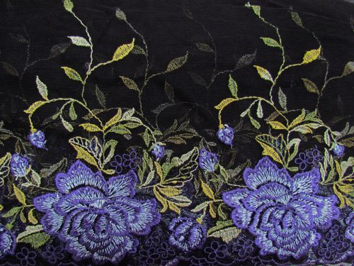 Great value 18cm Royal Bloom Embroidered Tulle Lace Trim- Black  #T1431 available to order online New Zealand