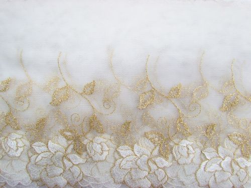 Great value 18cm Gold Petals Embroidered Tulle Lace Trim- White #T1433 available to order online New Zealand