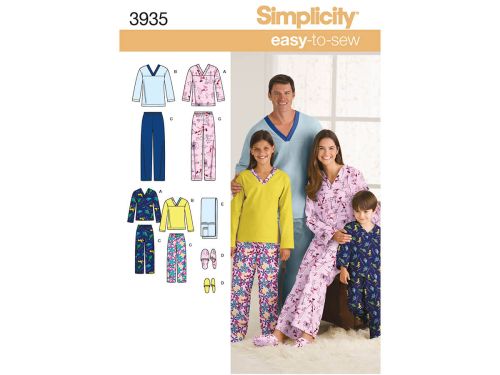 Great value Simplicity Pattern S3935 Women's/Men/Child Sleepwear- Size A (XS-L / XS-XL) available to order online New Zealand