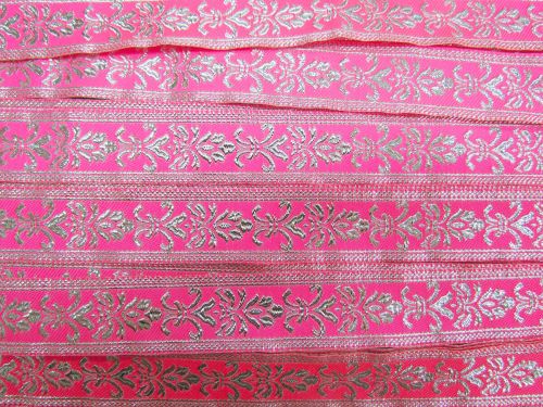 Great value 25mm Gilded Garden Brocade Ribbon- Silver / Pink #T813 available to order online New Zealand